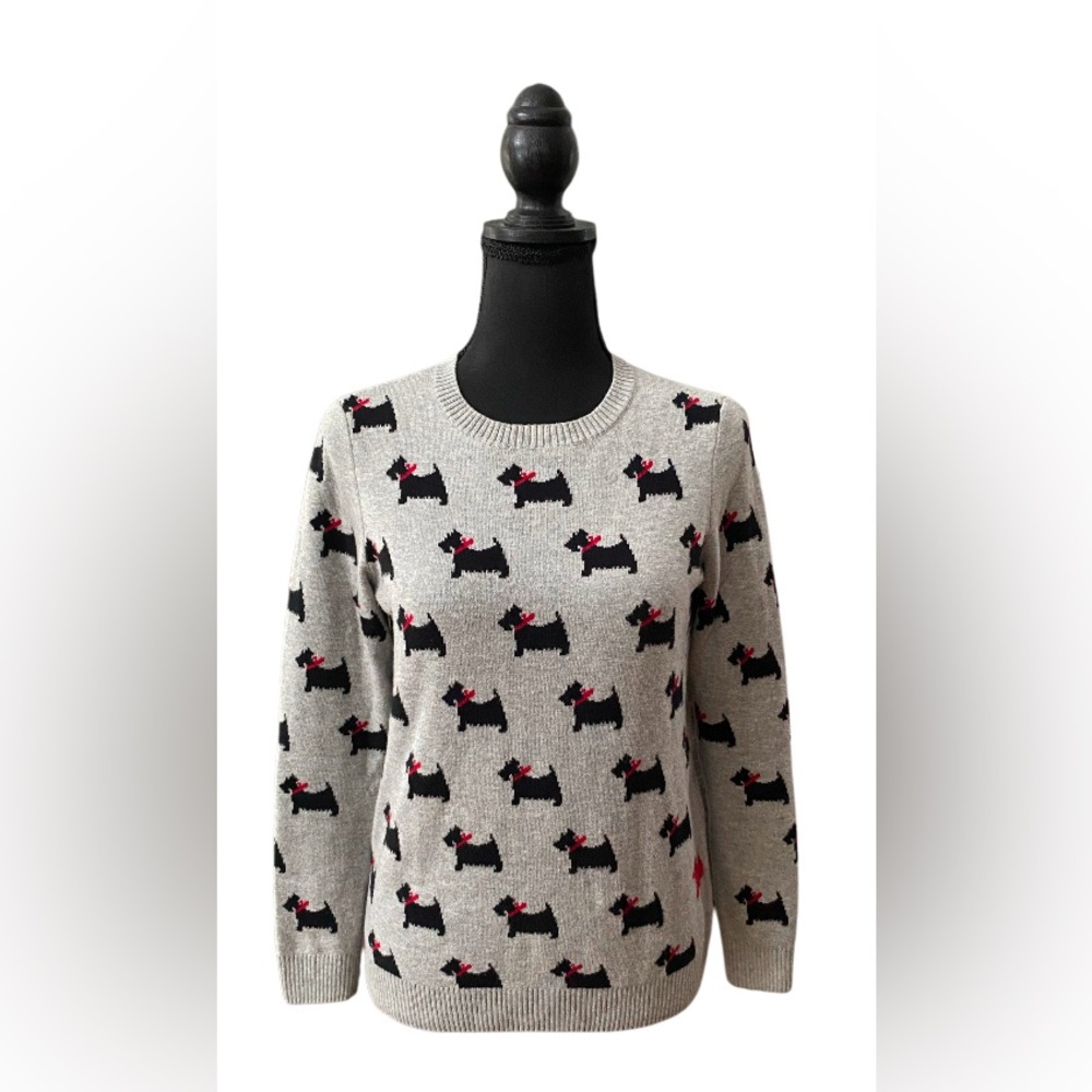 Charter Club: Gray Knit Crew Neck Sweatshirt Western Terrier Dogs with Red Bows